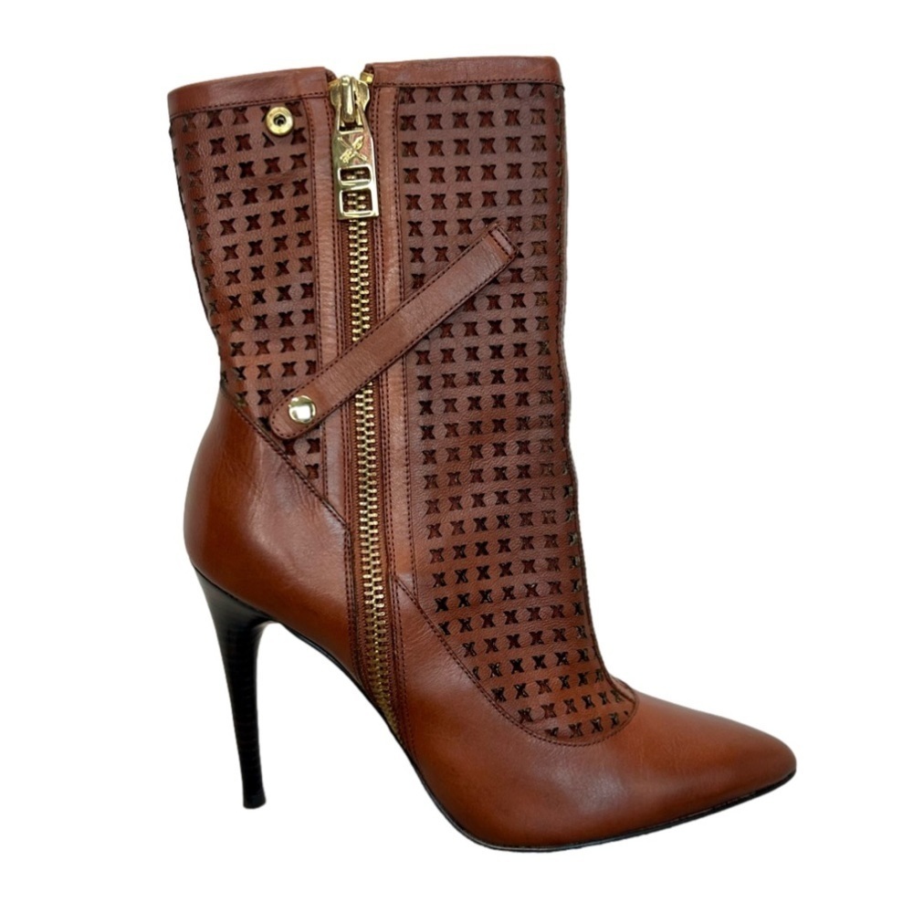 DONALD Pliner brown Mattone Mesh laser Vachetta high heel boots Sz 9 NWB